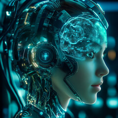 Wall Mural - Artificial intelligence depicted as a cyborg girl with an electronic brain. Her neural network is trained using a virtual HUD interface. Represents machine learning technology in a sci-fi cybernetic r