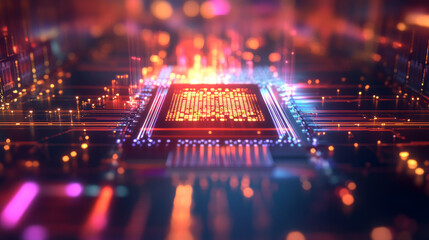 Conceptual abstraction of a quantum computer. Digital signal beam traversing a qubit within an optical CPU core.Technological background showcasing advanced hardware and quantum computing architecture