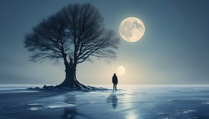 Poster - Solitary figure beside a towering tree in a frozen landscape, embodying isolation and resilience under the enchanting glow of a full moon