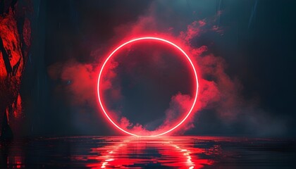 Wall Mural - Vibrant red neon circle glowing in dark, smoky atmosphere, reflecting on wet surface, symbolizing energy, mystery, and futuristic abstraction.