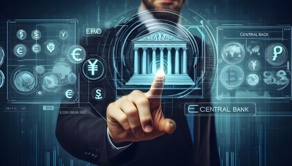 Online banking and digital money concept with man finger on virtual touch screen interface with central bank layout surrounded currency signs: dollar, euro, ruble and yen on abstract background
