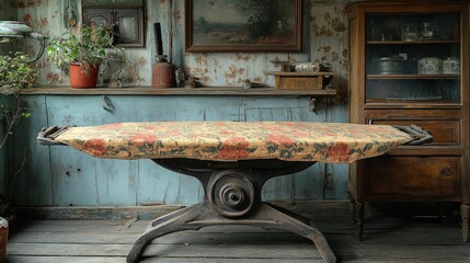 Wall Mural - Vintage ironing board with floral fabric in a rustic setting.