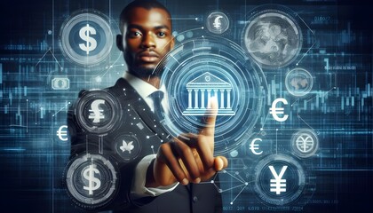 Online banking and digital money concept with man finger on virtual touch screen interface with central bank layout surrounded currency signs: dollar, euro, ruble and yen on abstract background