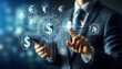 © QasimAli - Online banking and digital money concept with man finger on virtual touch screen interface with central bank layout surrounded currency signs: dollar, euro, ruble and yen on abstract background