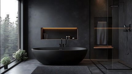 Wall Mural - A modern bathroom with a black bathtub, shower, and dark grey walls. The room has a window overlooking a forest.