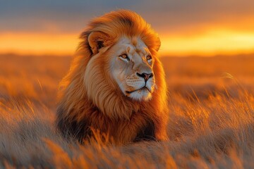 Wall Mural - majestic lion bathed in golden sunset light regal mane flowing in the breeze symbolizing strength and spiritual power against a dramatic sky