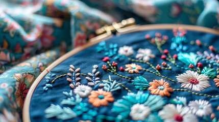 Intricate hand embroidery on fabric, featuring colorful floral patterns with fine threads. The delicate stitching showcases skillful craftsmanship, perfect for textile, fashion, or art-related use.