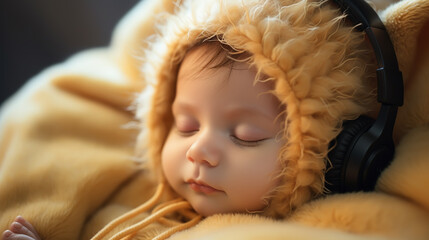 Cute baby sleeping with headphones on comfortable sofa in the room, close up