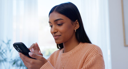 home, indian woman and notification with smartphone for chat, text message and communication with co