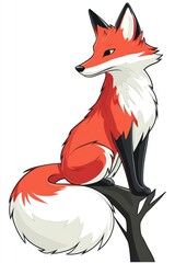 Wall Mural - Cute Cartoon Fox Sitting on a Branch