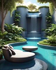 Wall Mural - Relaxation area with plush seating and water feature