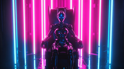 AI or artificial intelligence depicted as a female cyborg queen. Majestic robot woman sitting on a throne with a neon glow. Sci-fi illustration of an artificial intelligence computer neural network. 