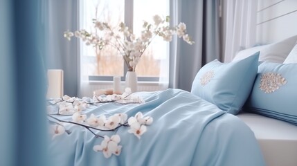 Poster - Blue Bedroom Decor with White Flowers