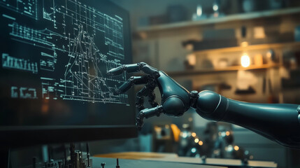 AI robot arm analyzing mathematical equations for automating innovation in the manufacturing process. Concept of robotics, virtual technology, and machine learning for future mechanized industry.