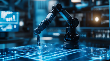 AI robot arm analyzing mathematical equations for automating innovation in the manufacturing process. Concept of robotics, virtual technology, and machine learning for future mechanized industry.