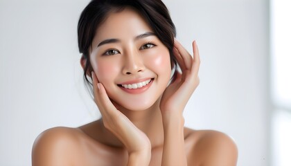 Wall Mural - Radiant beauty of a cheerful Asian woman with glowing skin, gracefully touching her cheek against a clean white backdrop