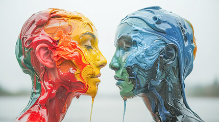 Two models posing with colorful paint dripping from faces