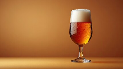 Glass of beer with foam, plain soft brown background