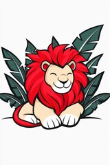 Poster - Cartoon Lion in Tropical Leaves