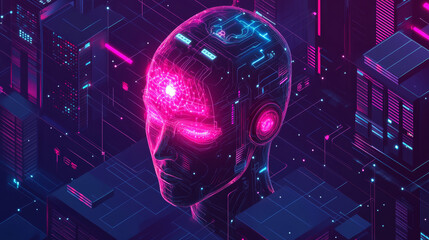 Wall Mural - Isometric depiction of artificial intelligence. Neural network or AI tech backdrop with a robotic head and neuron linkages. Digital brain network, AI server systems, and robotics technology. 