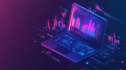 Wall Mural - isometric view of a laptop displaying business graphs and analytics data. concept of trend analysis 