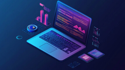 Wall Mural - isometric view of a laptop displaying business graphs and analytics data. concept of trend analysis 