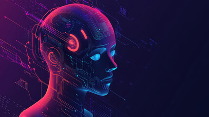 Wall Mural - Isometric depiction of artificial intelligence. Neural network or AI tech backdrop with a robotic head and neuron linkages. Digital brain network, AI server systems, and robotics technology. 