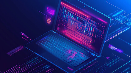 Wall Mural - isometric view of a laptop displaying business graphs and analytics data. concept of trend analysis 