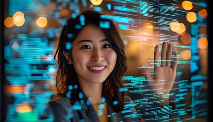 Wall Mural - Dedicated Japanese female software developer smiling beside holographic glass walls showcasing digital code, embodying the essence of modern technology