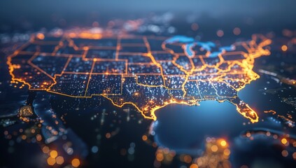 Wall Mural - Abstract image of the United States glowing on a dark background with connecting lines and dots