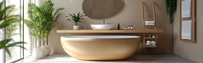 Wall Mural - Modern bathroom with a wooden bathtub, sink, and shelves with towels. Natural light comes in through a window. There are plants in white pots next to the window. 