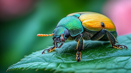 Wall Mural - A close-up of a vibrant green and gold beetle with long antennae perched on a green leaf.