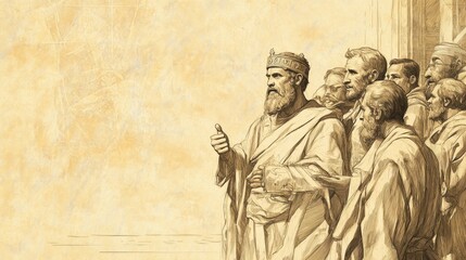 Wall Mural - Astonished Court Reactions: Biblical Depiction of Solomon Asking for Wisdom, Beige Background