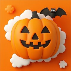 Canvas Print - 3D Cartoon Pumpkin with Bat for Halloween