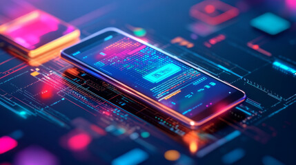 Mobile app development technology concept: emphasizes coding and creating applications for smartphones and mobile devices. Covers the engineering or design of user interface layouts for mobile phones 