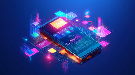 Mobile app development technology concept: emphasizes coding and creating applications for smartphones and mobile devices. Covers the engineering or design of user interface layouts for mobile phones 