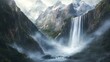 © wicha - A magnificent waterfall flows from the heights of rugged mountains, its waters creating a misty veil as they fall