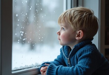 Wall Mural - Boy in blue sweater looking at snowflakes through window. Winter scene with snowy background. Child gazing outside during wintertime. Seasonal portrait for holiday or Christmas design