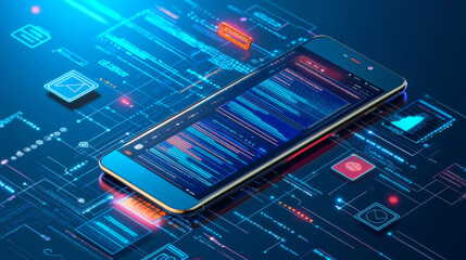 Mobile app development technology concept: emphasizes coding and creating applications for smartphones and mobile devices. Covers the engineering or design of user interface layouts for mobile phones 
