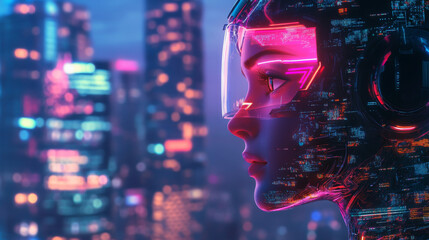 Wall Mural - A futuristic smart city envisioned through the head of an AI, represented by a female cyborg or robot woman. Showcases artificial intelligence, IoT technology, and internet communications integrated.