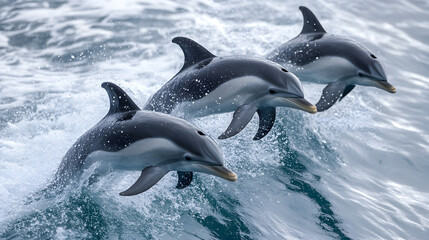 Poster - Joyful dolphins dance through the sparkling, azure ocean
