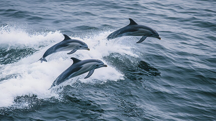 Poster - Joyful dolphins dance through the sparkling, azure ocean
