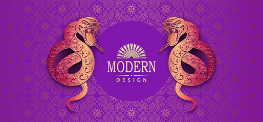 Wall Mural - Happy Chinese New Year, bright purple card with snakes and a round frame.