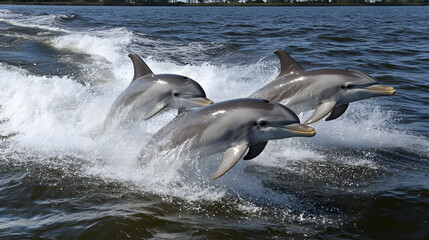 Poster - Joyful dolphins dance through the sparkling, azure ocean
