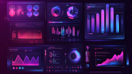 Modern futuristic neon infographic vector template showcasing statistics graphs and finance charts. Features an information panel mockup, with UI, UX, KIT, and HUD elements.