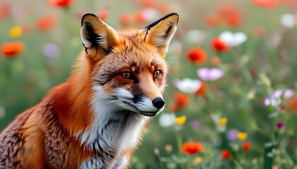 Wall Mural - Majestic red fox exploring a vibrant field of colorful flowers