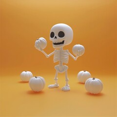 Canvas Print - Happy Skeleton Holding Pumpkins on Orange Background