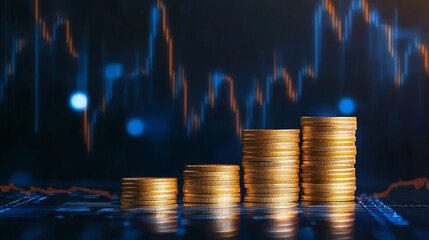 Stacks of golden coins representing financial growth and investment against a backdrop of a financial chart and data visualization.