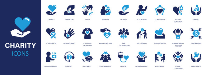 charity and donation flat icons set. donated, unity, caring, community, assistance, support, donor, 
