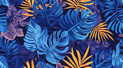 Wall Mural - Seamless pattern featuring layered tropical leaves in varying shades of blue
